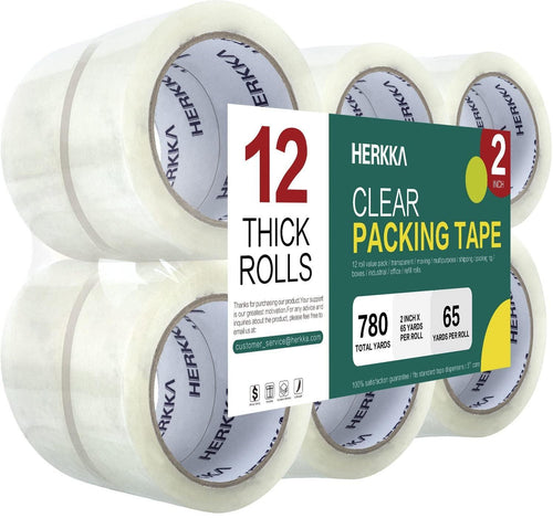 Clear Packing Tape, 12 Rolls Heavy Duty Packaging Tape for Shipping Packaging Moving Sealing, Thicker Clear Packing Tape, 2 Inches Wide, 65 Yards per Roll, 780 Total Yards