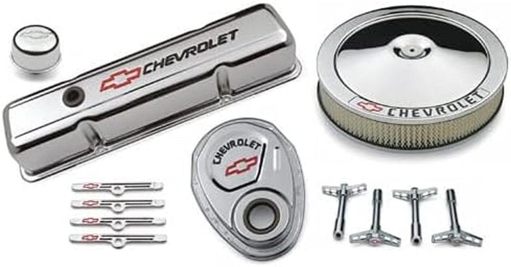 141-900 Chrome Engine Dress-Up Kit with Black Chevrolet/Red Bowtie Logo for Small Block Chevy