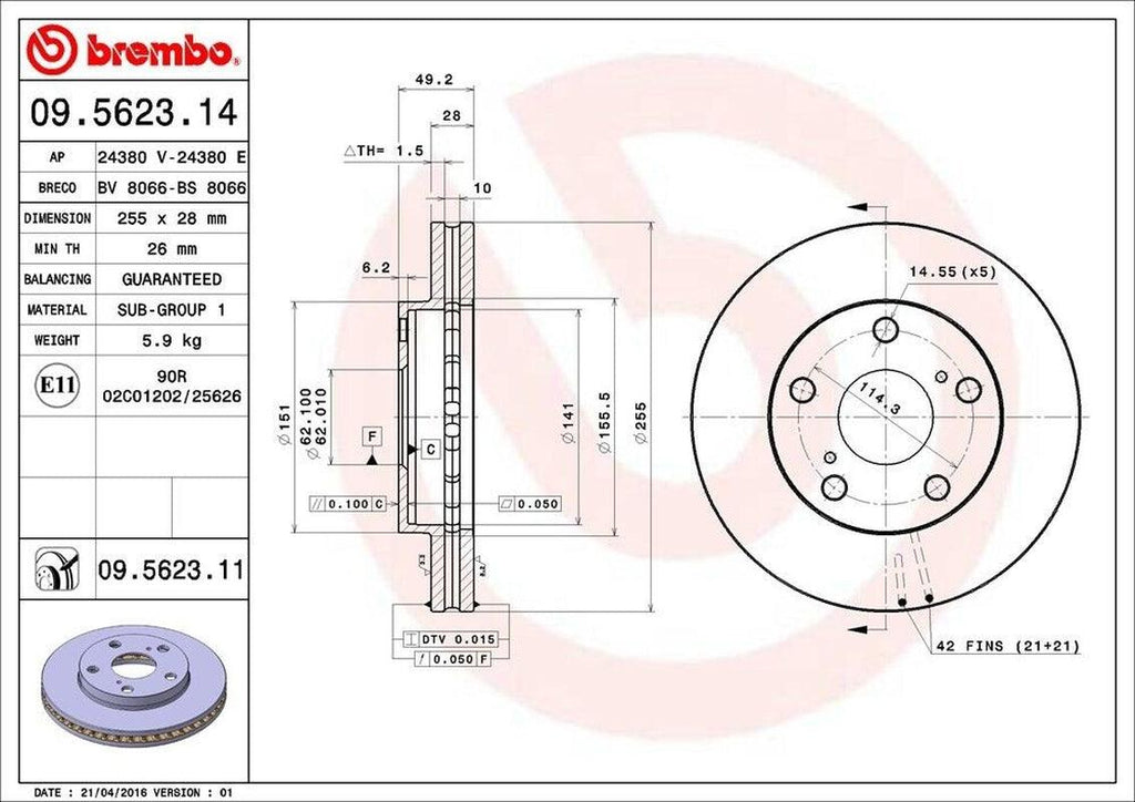 Brembo Front Disc Brake Rotor for 1992-2001 Camry (09.5623.11)