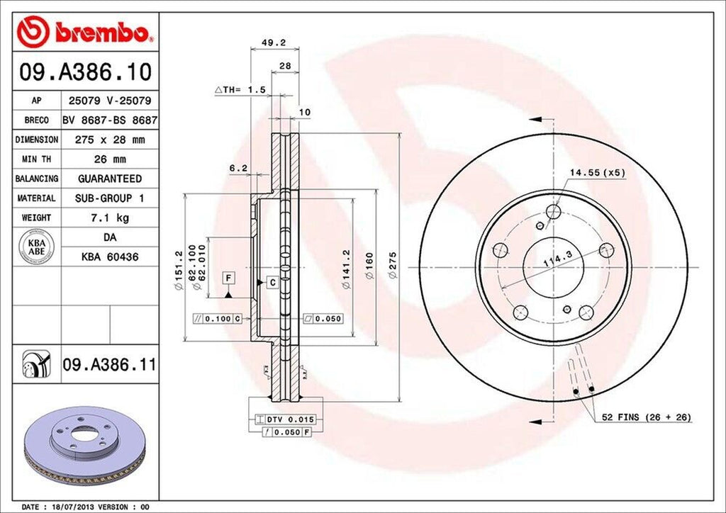 Front Disc Brake Rotor for Camry, Avalon, Sienna, Solara, ES300 (09.A386.11)