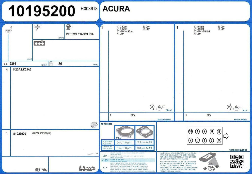 81028900 Head Bolt Set for Select Vehicles with 4-Cylinder Engine: Acura: 2007-12 RDX, 2002-06 RSX, 2004-08 TSX; Honda: 2003-07 Accord, 2002-11 Civic, 2002-09 CR-V, 2003-11 Element; Set of 10
