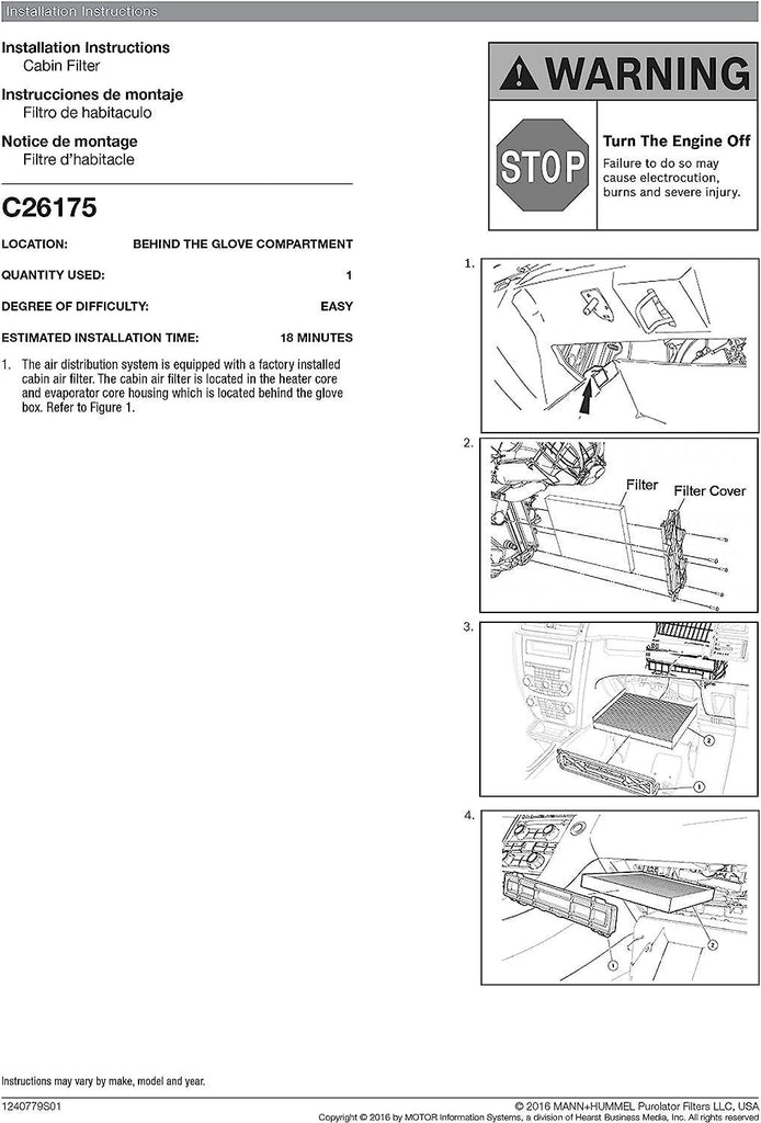 C26175 one Advanced Cabin Air Filter Compatible with Select Ford Vehicles