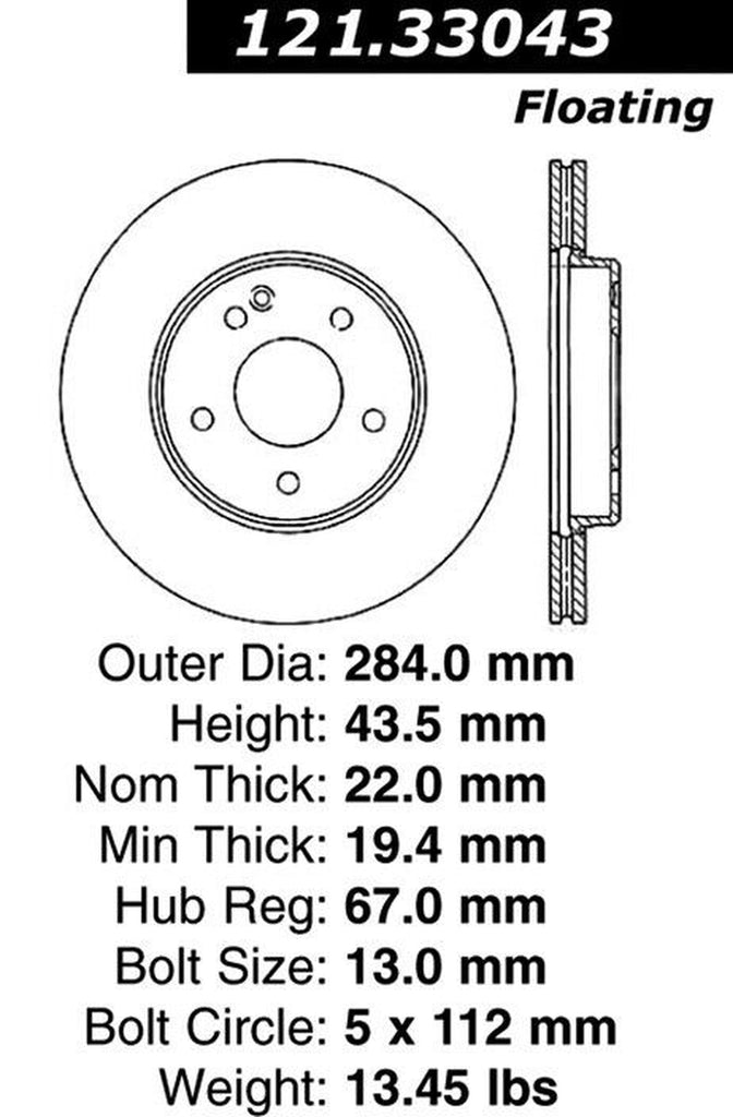 Centric Front Disc Brake Rotor for C230, C220, C280 (121.33043)