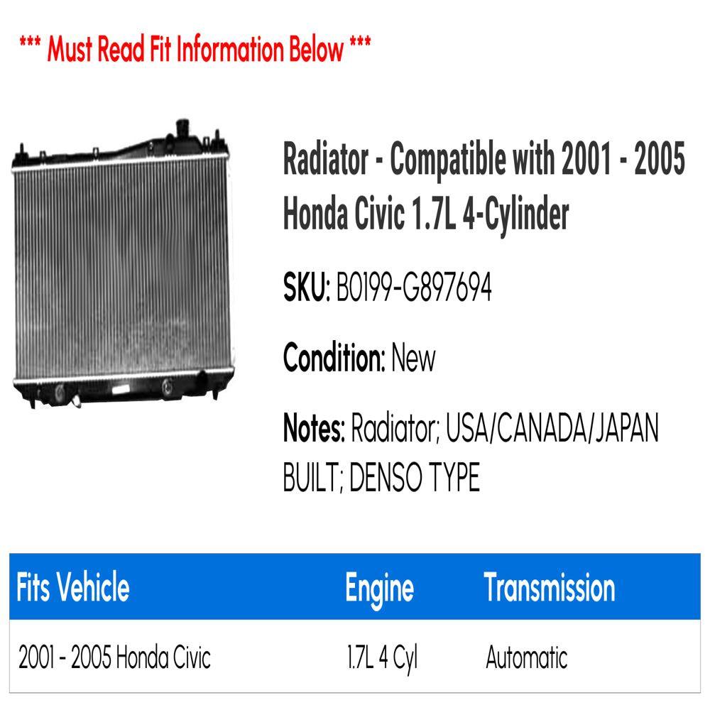 Radiator - Compatible with 2001 - 2005 Honda Civic 1.7L 4-Cylinder 2002 2003 2004