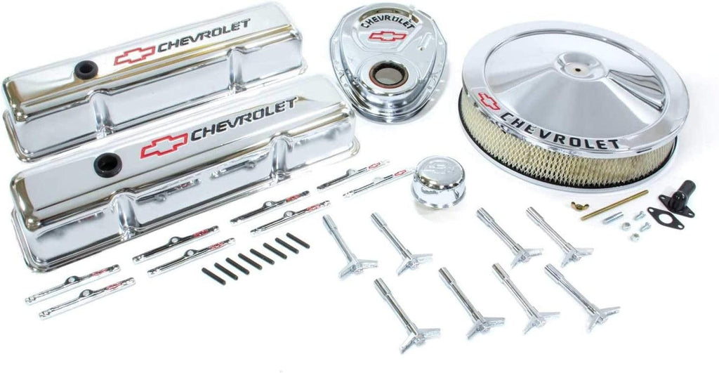 141-900 Chrome Engine Dress-Up Kit with Black Chevrolet/Red Bowtie Logo for Small Block Chevy