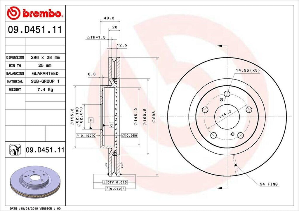 Brembo Front Disc Brake Rotor for ES350, Avalon, Camry (09.D451.11)