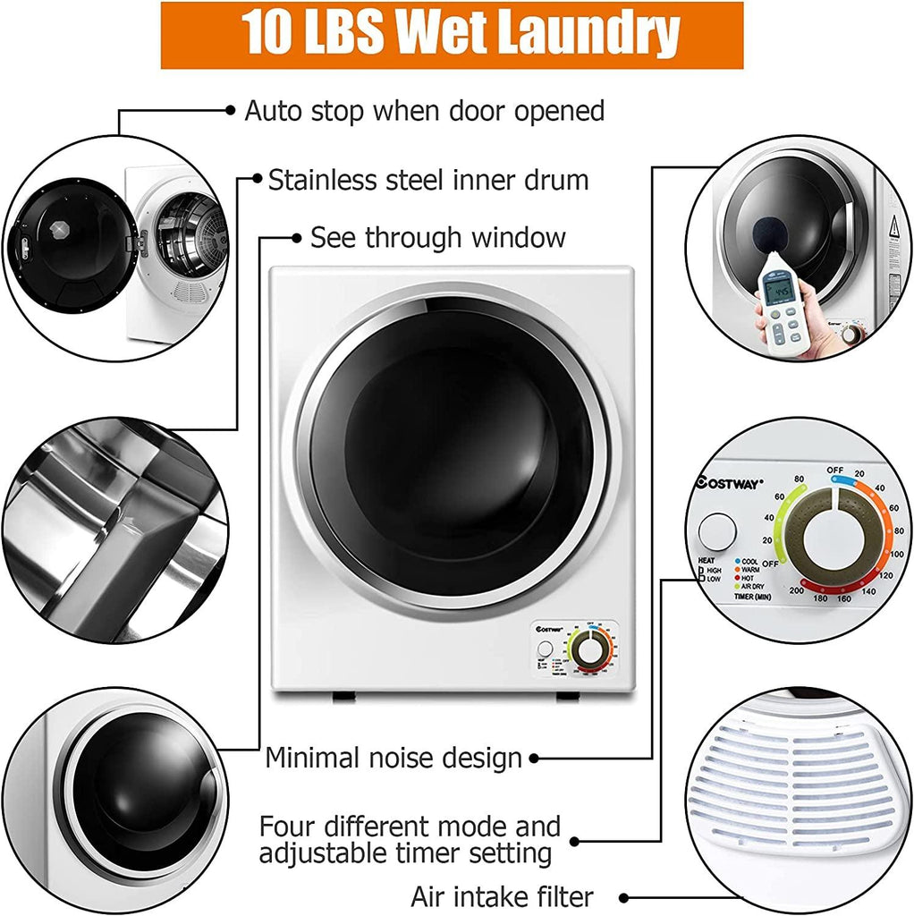 COSTWAY Compact Laundry Dryer, 110V Electric Portable Clothes Dryer with Stainless Steel Tub, Control Panel Downside Easy Control for 4 Automatic Drying Mode, White