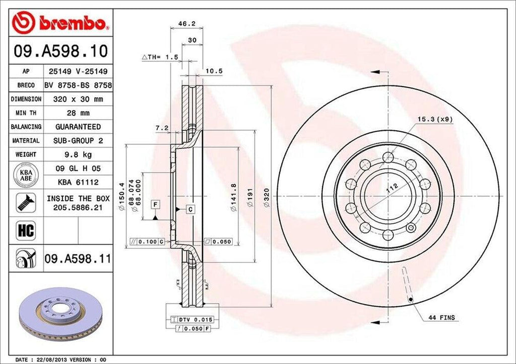 Brembo Front Disc Brake Rotor for Audi (09.A598.11)