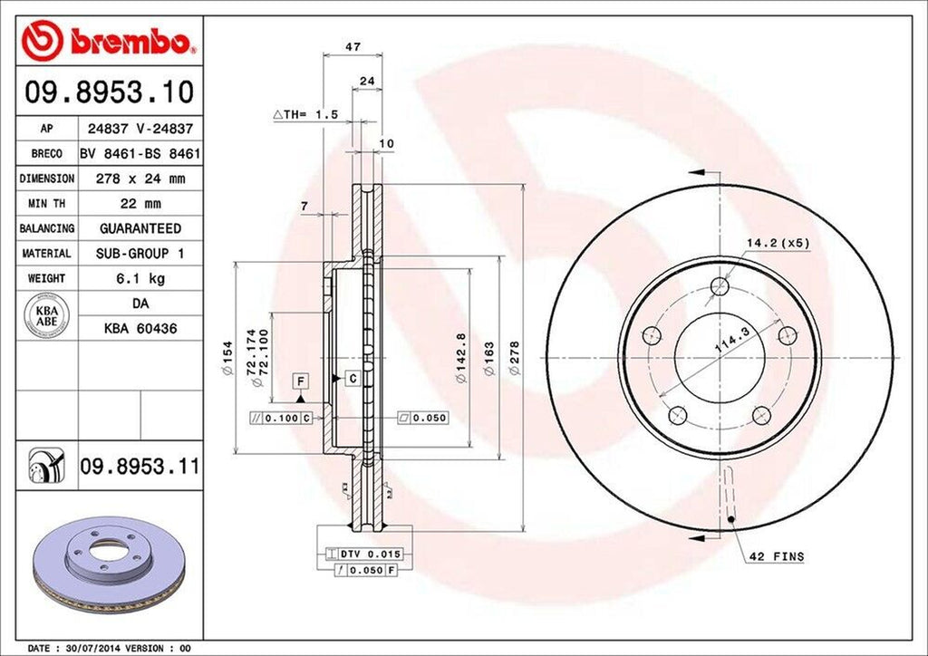 Brembo Front Disc Brake Rotor for Escape, Mariner, Tribute (09.8953.11)