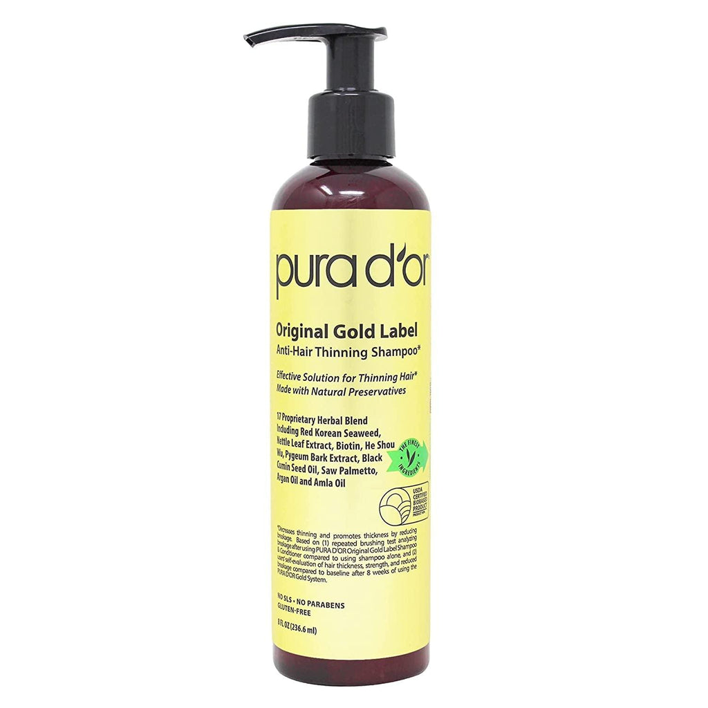 PURA D'OR Original Gold Label Anti-Thinning Biotin Shampoo Natural Earthy Scent, CLINICALLY TESTED Proven Results, Herbal DHT Blocker Hair Thickening Products for Women & Men, Color Treated Hair, 8Oz