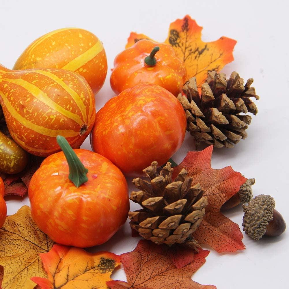 Winemana Thanksgiving Artificial Pumpkins Fall Decorations for Home, 50Pcs Fall Decor- 30 Fall Leaves, 10 Acorns, 2 Pinecones, 8 Fake Pumpkins, Harvest Farmhouse Table Tiered Tray Decorations Set