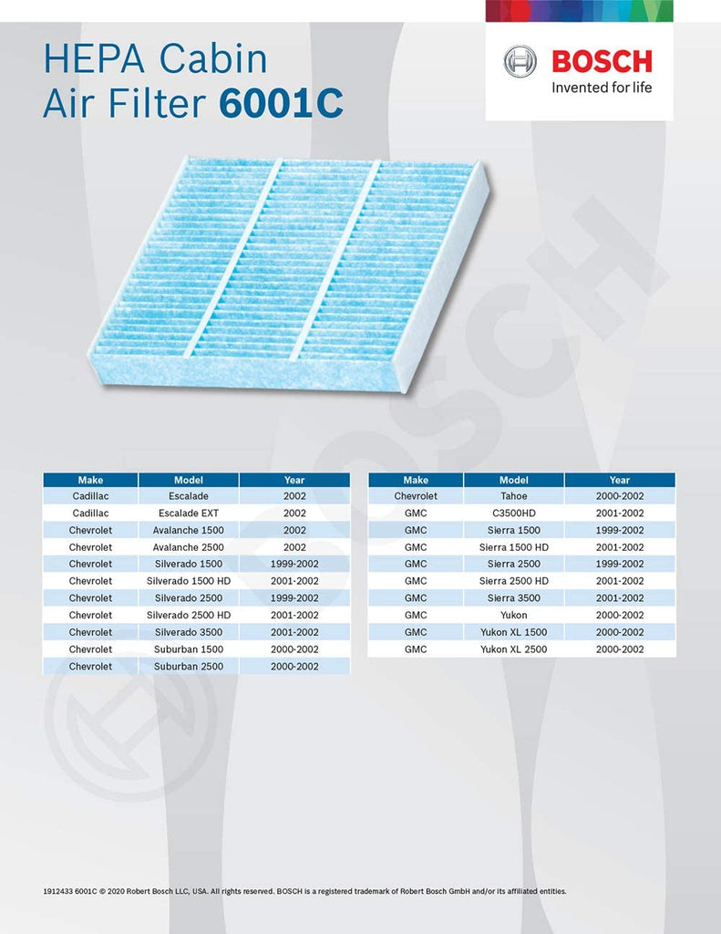 6001C HEPA Cabin Air Filter - Compatible with Select Cadillac Escalade, Chevrolet Avalanche, Silverado, Suburban, Tahoe, GMC Sierra, Yukon, Yukon XL 1500