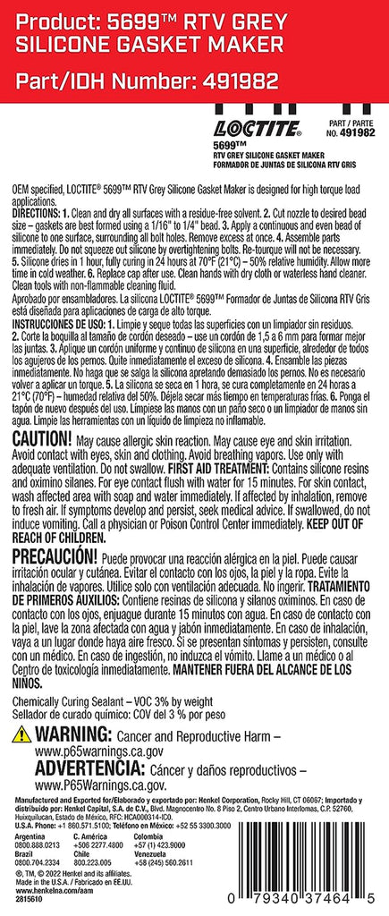 Loctite 37464 Grey RTV 598 High Performance Silicone. 80 Ml.