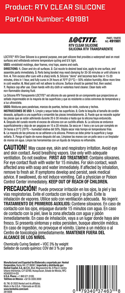 LOCTITE RTV Clear Silicone Adhesive Sealant for Automotive: Waterproof, Flexible, Protects Wiring, for Glass, Metal, Plastics, and More | Clear, 80 Ml Tube (PN: 491981)