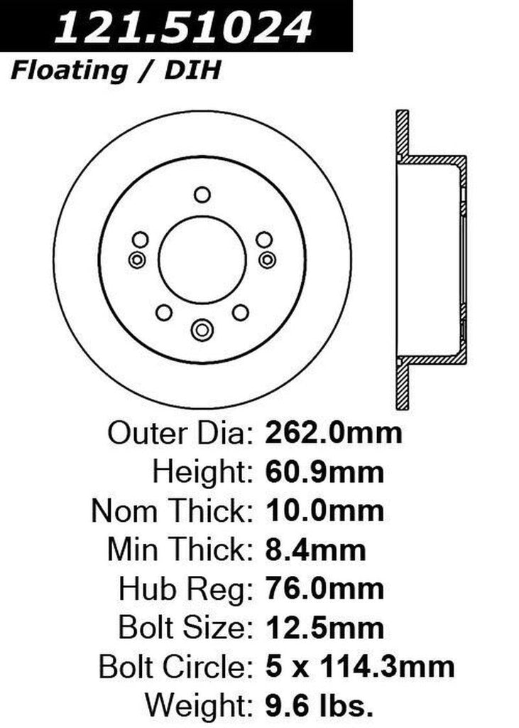 Centric Rear Disc Brake Rotor for 07-10 Elantra (121.51024)