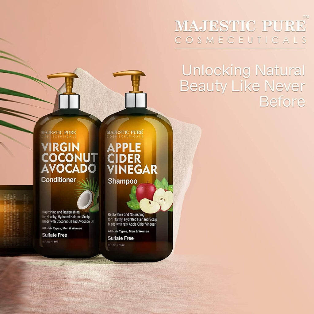 MAJESTIC PURE Apple Cider Vinegar Shampoo and Avocado Coconut Conditioner Set - Restores Shine & Reduces Itchy Scalp, Dandruff & Frizz - Sulfate Free, for All Hair Types, Men and Women - 2 X 16 Fl Oz