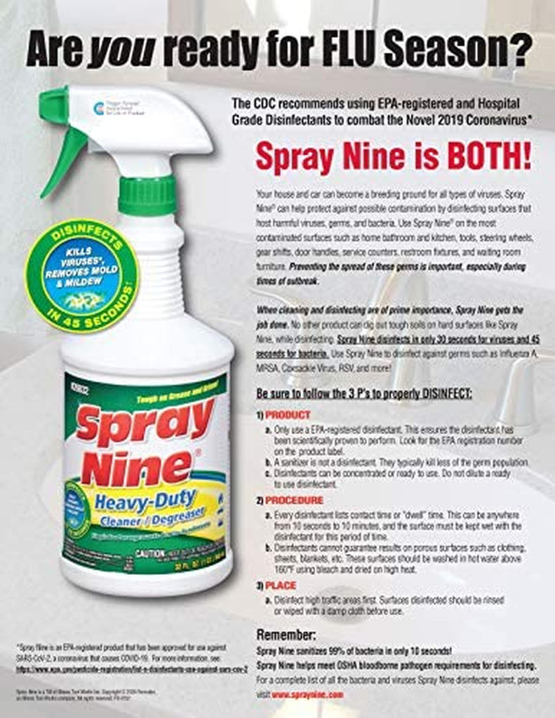 Spray Nine Permatex 26832 Heavy Duty Cleaner, Degreaser and Disinfectant, Multipurpose Cleaner for Common Automotive Shop, Home, Industrial, and Commercial Uses, 32 Oz