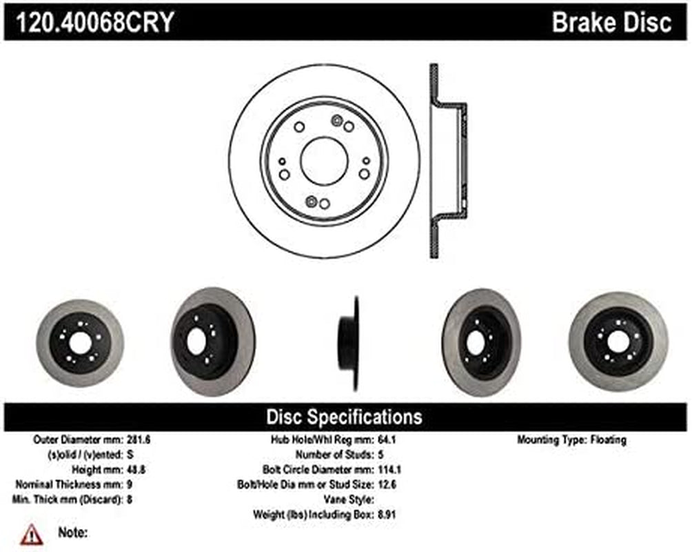 Centric Premium Replacement Rear Disc Brake Rotor for Select Honda and Acura Model Years (120.40068)