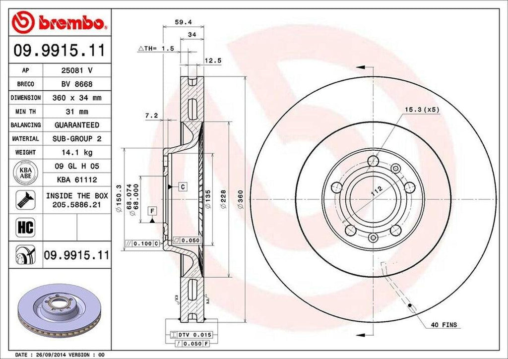 Brembo Front Disc Brake Rotor for A8 Quattro, Phaeton (09.9915.11)