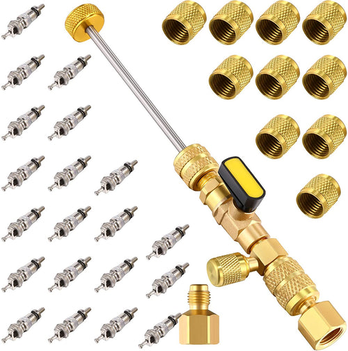 Mudder R22 R134A R12 A/C HVAC Valve Core Removal Tool Compatible with Dual Size 1/4 & 5/16 Port, R410 R32 Brass Adapter, 20 Pcs Cores and 10 Pcs Brass Nut HVAC Valve Core Removal Installer Tool Kit