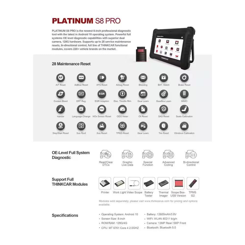 8 Inch Auto OBD2 Scanner Car Code Reader for Professional Mechanic Body Shop - PLATINUM S8 PRO