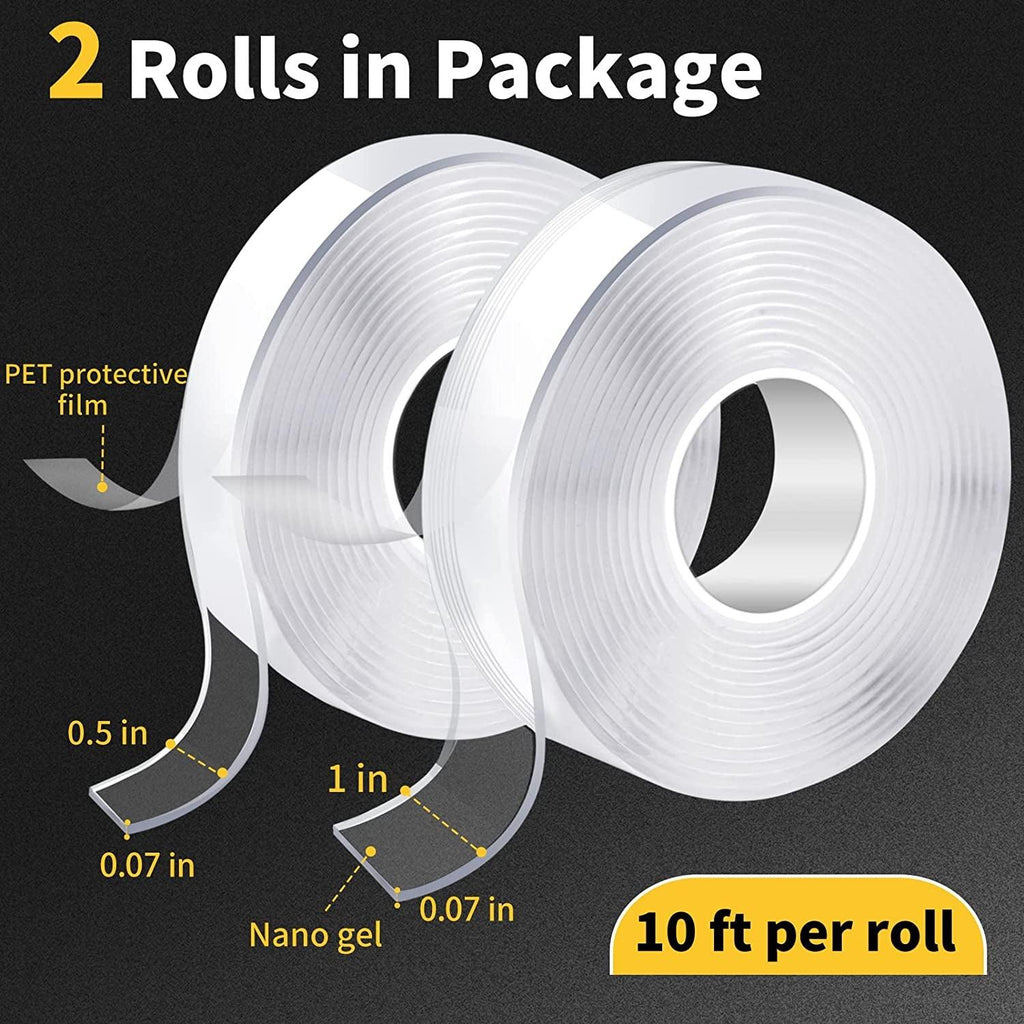 Double Sided Adhesive Tape Heavy Duty, Double Stick Mounting (2 Rolls, Total 20FT), Clear Two Sided Wall Tape Strips, Removable Poster Tape for Home, Office, Car, Outdoor Use