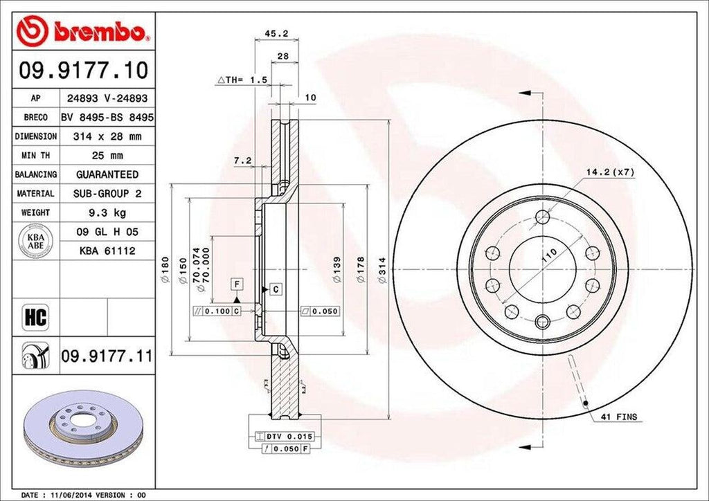 Brembo Front Disc Brake Rotor for 9-3, 9-3X (09.9177.11)