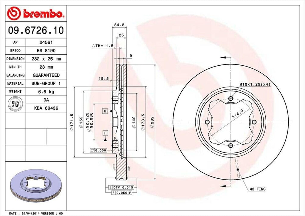 Brembo Front Disc Brake Rotor for CL, Accord (09.6726.10)