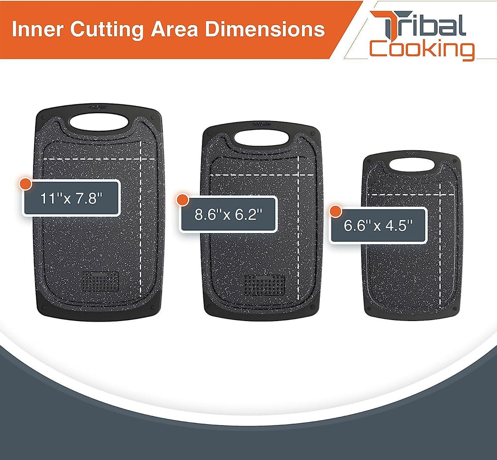 Tribal Cooking Cutting Boards - 3 Set - Warrior Strength Small to Extra Large Cutting Boards for Kitchen, Meat, Vegetables - Dishwasher Safe, Juice Groove, Non-Slip Rubber Chopping Board Set