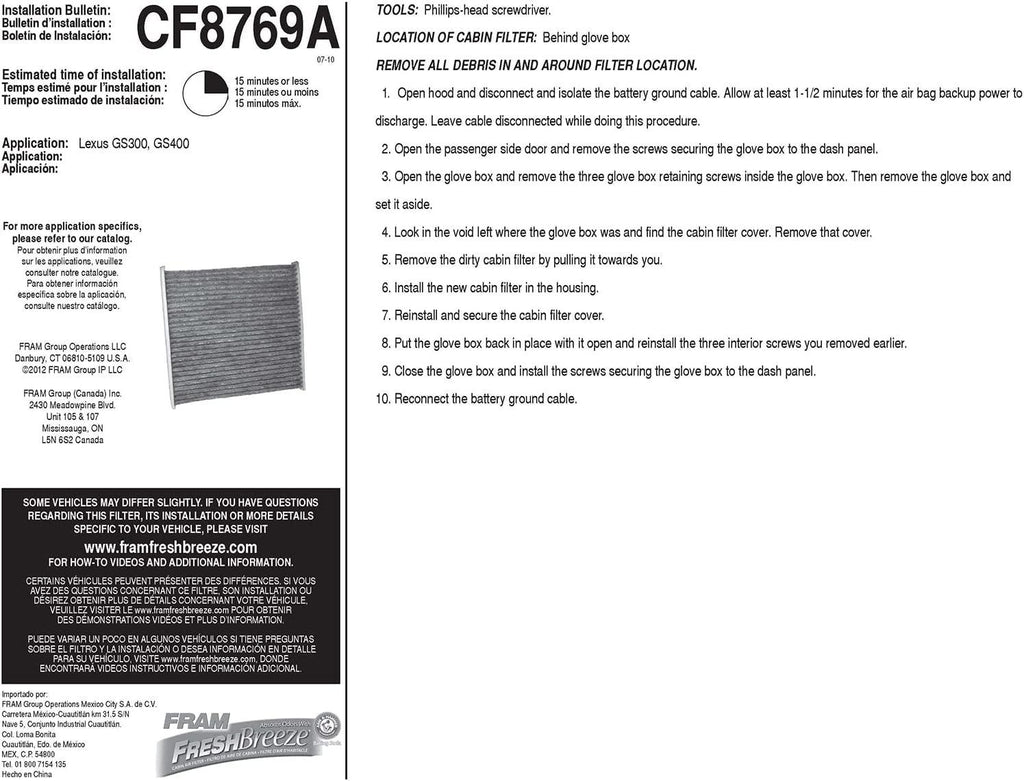 Fresh Breeze Cabin Air Filter Replacement for Car Passenger Compartment W/ Arm and Hammer Baking Soda, Easy Install, CF8769A for Select Lexus Vehicles , White