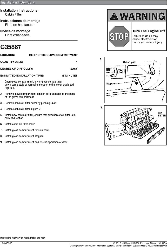 C35867 one Advanced Cabin Air Filter Compatible with Select Kia Vehicles