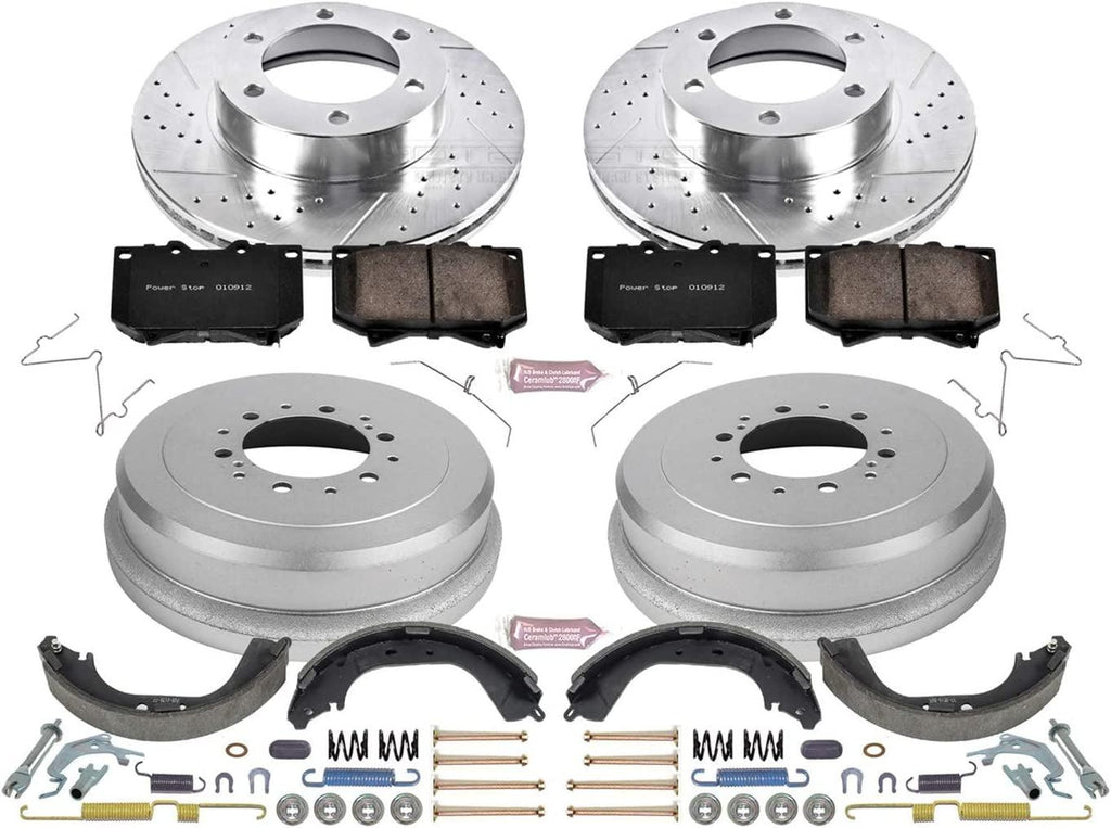 K15099DK Front and Rear Z23 Carbon Fiber Brake Pads with Drilled & Slotted Brake Drums Kit