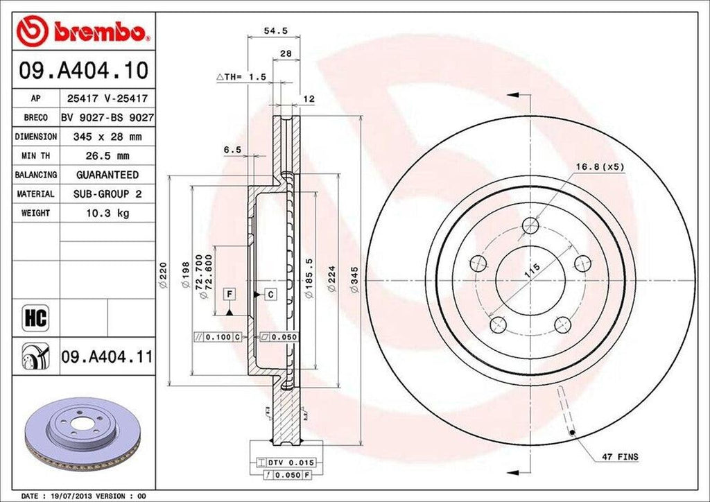 Brembo Front Disc Brake Rotor for 300, Challenger, Charger, Magnum (09.A404.11)