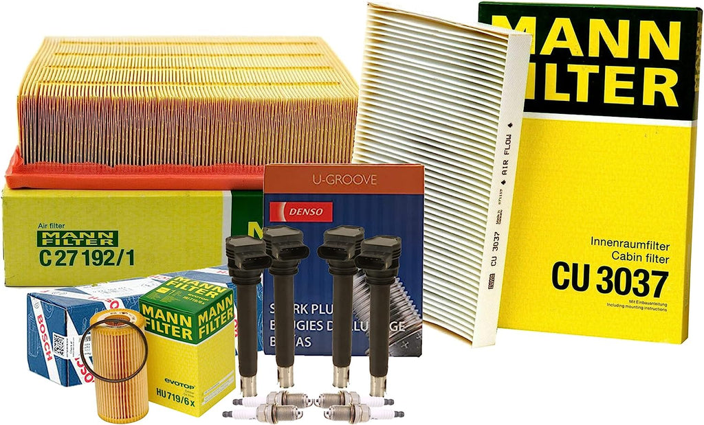 Premium Engine Paper Cabin Air Oil Filters with 4 COP Ignition Coils & 4 U-Groove Conventional Spark Plugs Tune up Kit