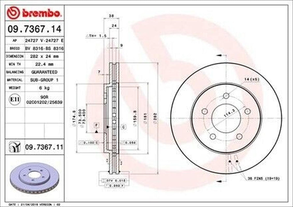 Front Disc Brake Rotor for Prowler, Grand Voyager+More (09.7367.11)
