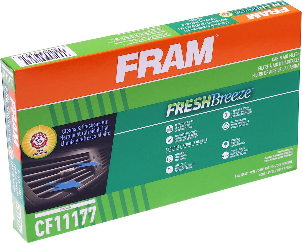 Fresh Breeze Cabin Air Filter Replacement for Car Passenger Compartment W/ Arm and Hammer Baking Soda, Easy Install, CF11177 for Select Nissan Vehicles , White
