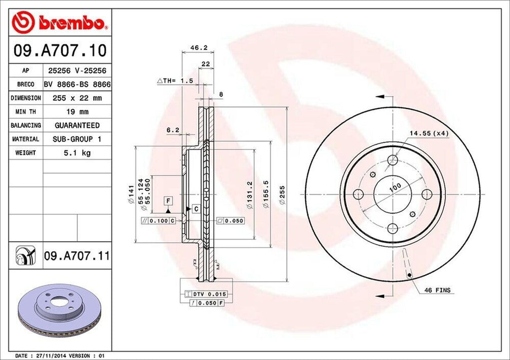 Brembo Front Disc Brake Rotor for Prius C, Yaris, Iq (09.A707.11)