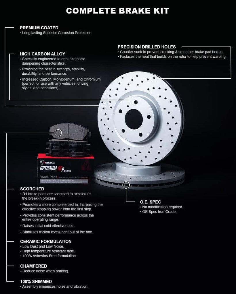 R1 Concepts Front Brakes and Rotors Kit |Front Brake Pads| Brake Rotors and Pads| Optimum Oep Brake Pads and Rotors|Fits 2008-2019 Pontiac Vibe; Scion Xd; Toyota Corolla, Matrix