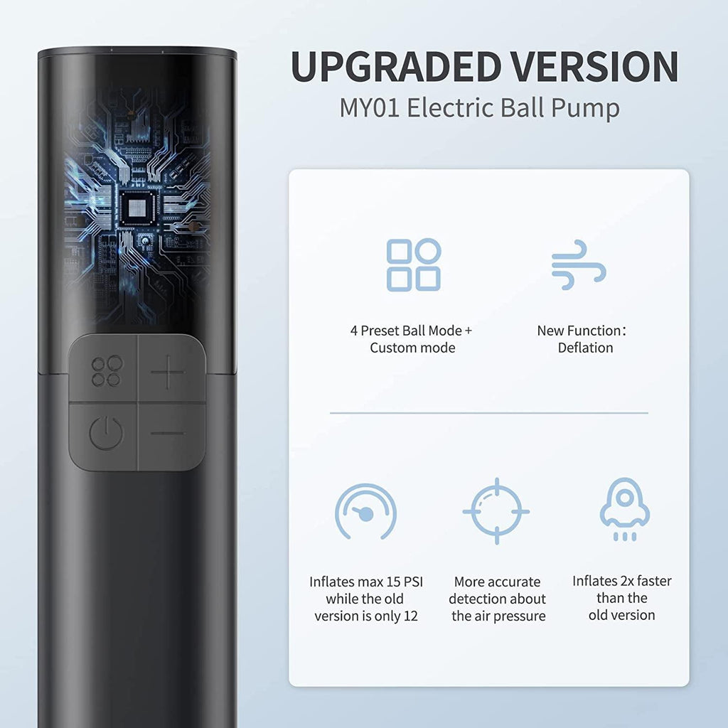 MY01 Electric Ball Pump with Inflation & Deflation, Accurate Pressure Gauge and 4 Preset Modes, Automatic Ball Pump for Basketball, Soccer, Football and Volleyball (Max 15 PSI)