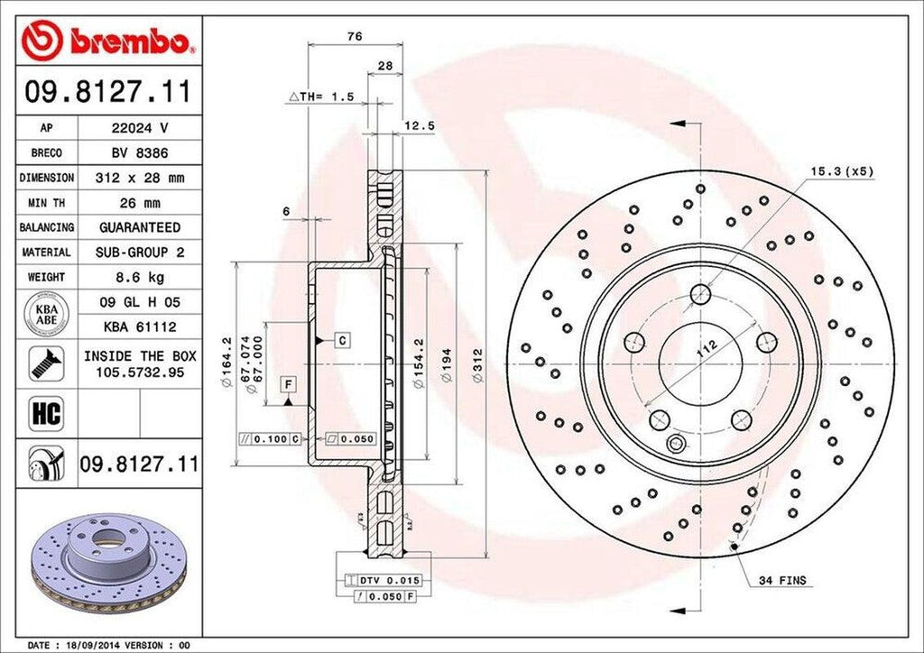 Brembo Front Disc Brake Rotor for CL500, S350, S430, S500 (09.8127.11)