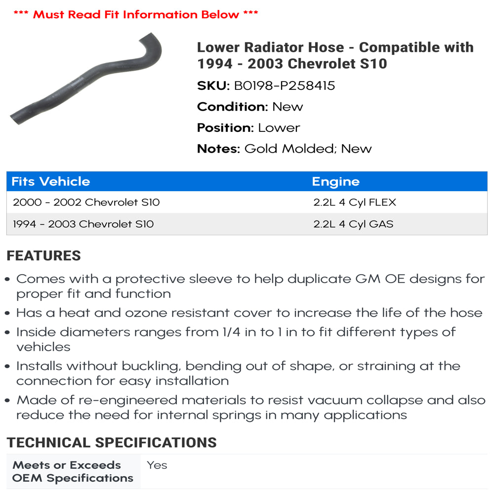 Lower Radiator Hose - Compatible with 1994 - 2003 Chevy S10 1995 1996 1997 1998 1999 2000 2001 2002