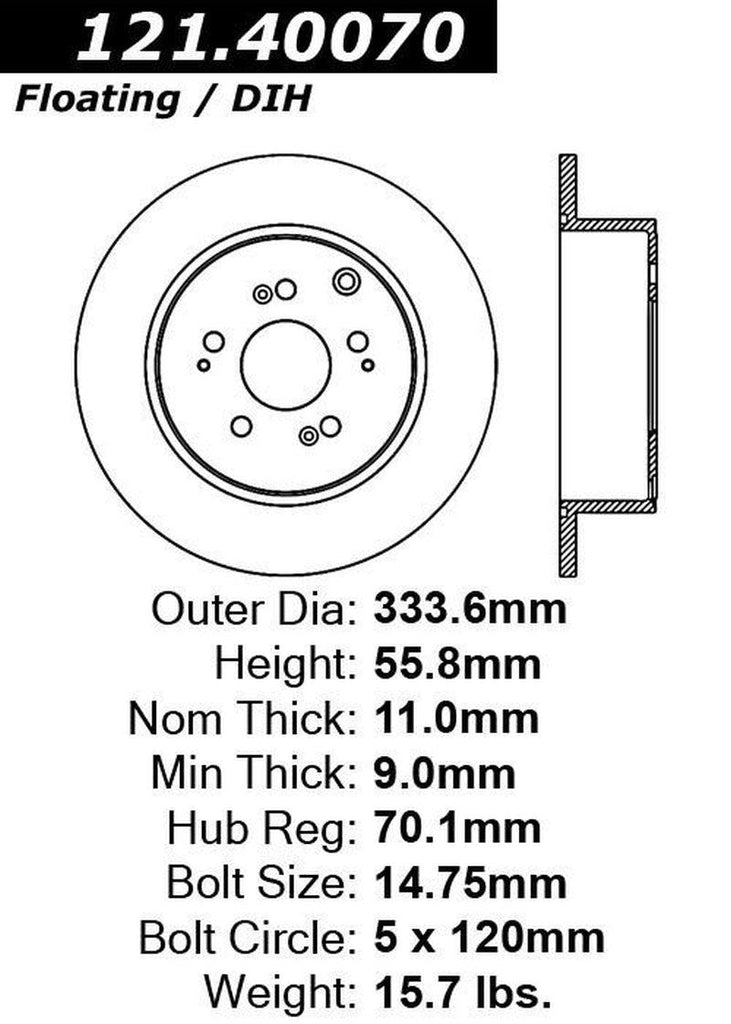 Centric Rear Disc Brake Rotor for 06-14 Honda Ridgeline (121.40070)