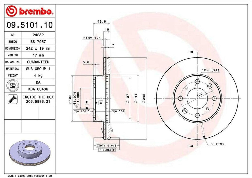 Brembo Front Disc Brake Rotor for Honda (09.5101.10)