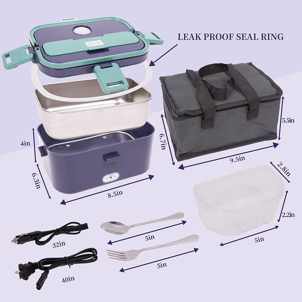 Eleckfun Electric Lunch Box Food Heater Portable Heated Lunch Box for Adult Heatable Food Warmer for Work Car Truck Home 1.8L 80W 3-IN-1 110V/12V/24V Royal Green