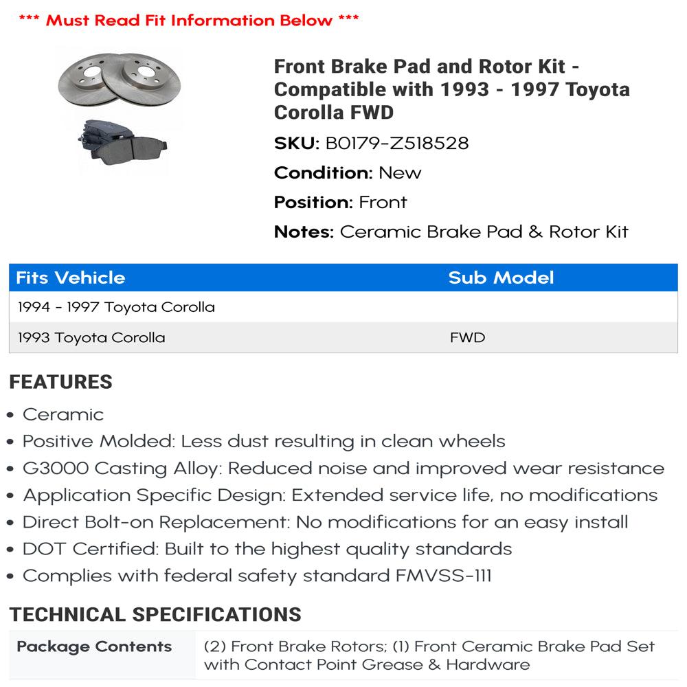 Front Brake Pad and Rotor Kit - Compatible with 1993 - 1997 Toyota Corolla FWD 1994 1995 1996