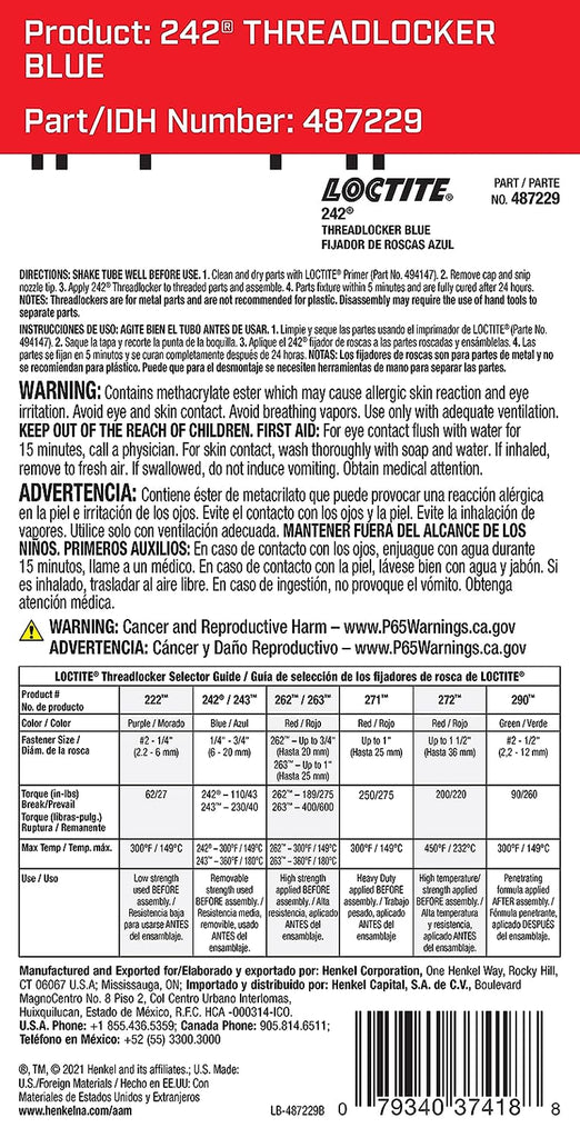 LOCTITE 242 Threadlocker for Automotive: High-Temp, Medium-Strength, Anaerobic | Red, 6Ml Tube (PN: 37418 - 487229)