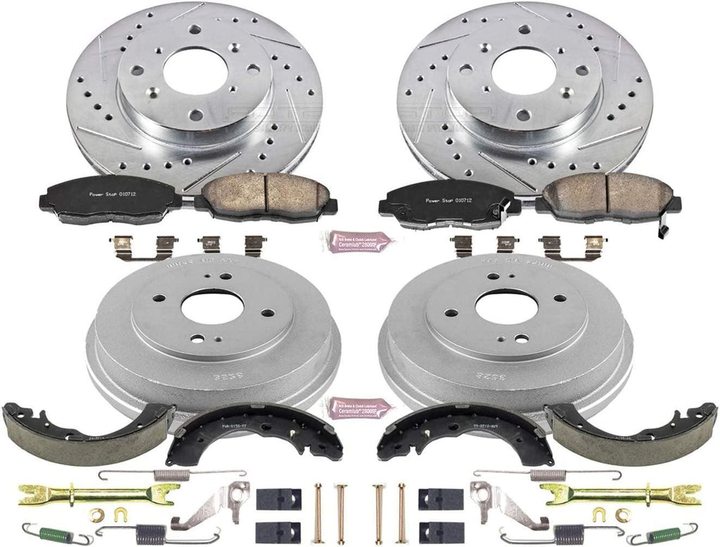 K15106DK Front and Rear Z23 Carbon Fiber Brake Pads with Drilled & Slotted Brake Drums Kit