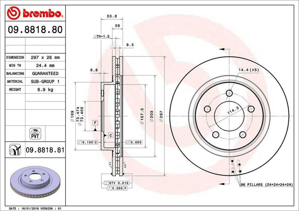 Brembo Front Disc Brake Rotor for 300M, Concorde, Intrepid, LHS (09.8818.81)