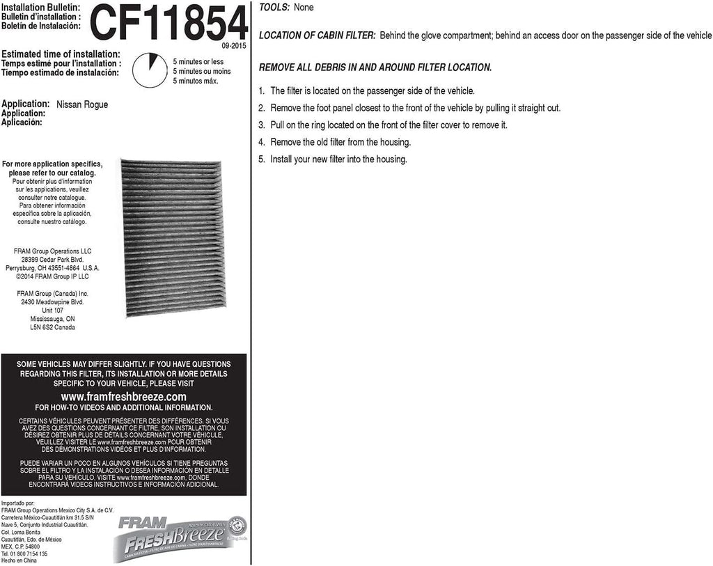 Fresh Breeze Cabin Air Filter Replacement for Car Passenger Compartment W/ Arm and Hammer Baking Soda, Easy Install, CF11854 for Nissan Vehicles