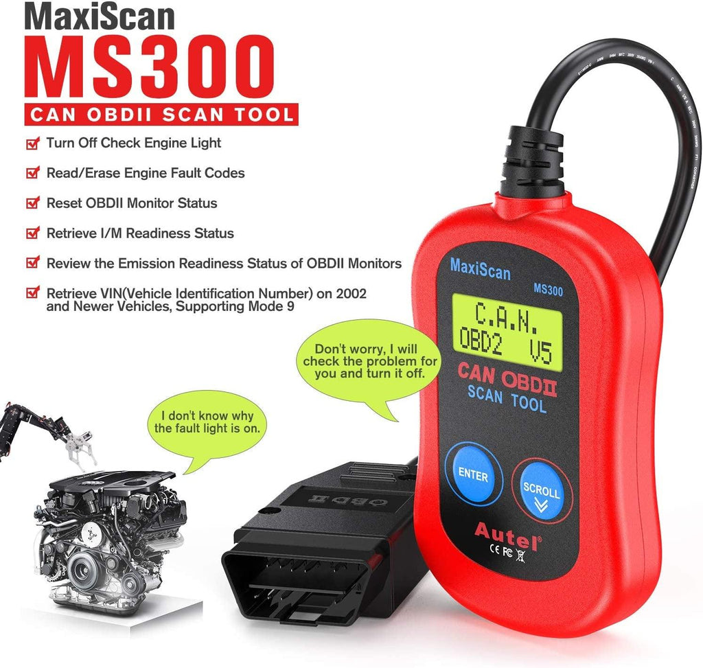 Autel MS300 OBD2 Scanner Code Reader, Turn off Check Engine Light, Read & Erase Fault Codes, Check Emission Monitor Status CAN Diagnostic Scan Tool
